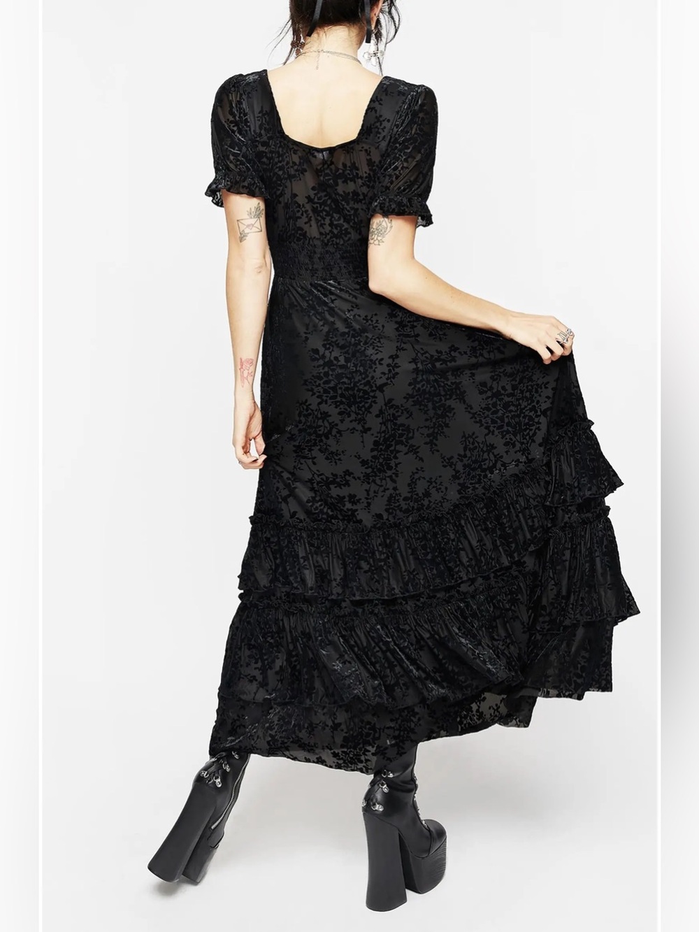 NWT Disturbia Lilias Devoré Tiered Maxi Dress Black Floral Velvet Burnout US 14 - Picture 3 of 16